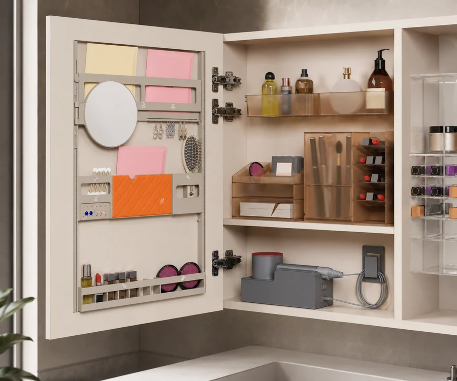 Built in mirror door storage system