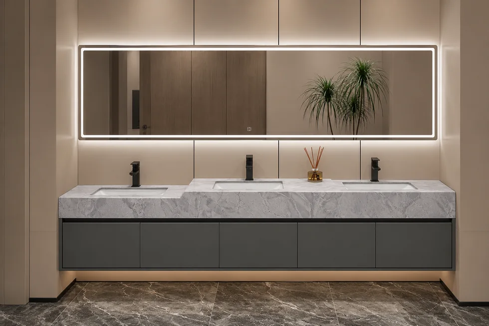 Commercial bathroom vanity with three sinks