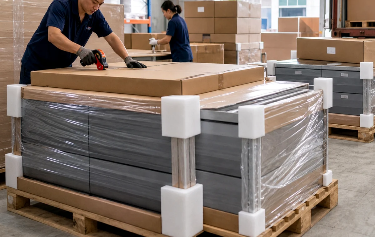 Flat-pack vanity pallets prepared for export shipping