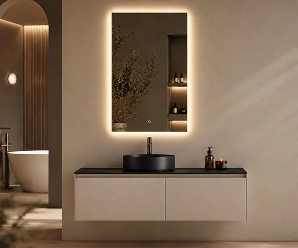 Dark textured plywood single sink vanity set