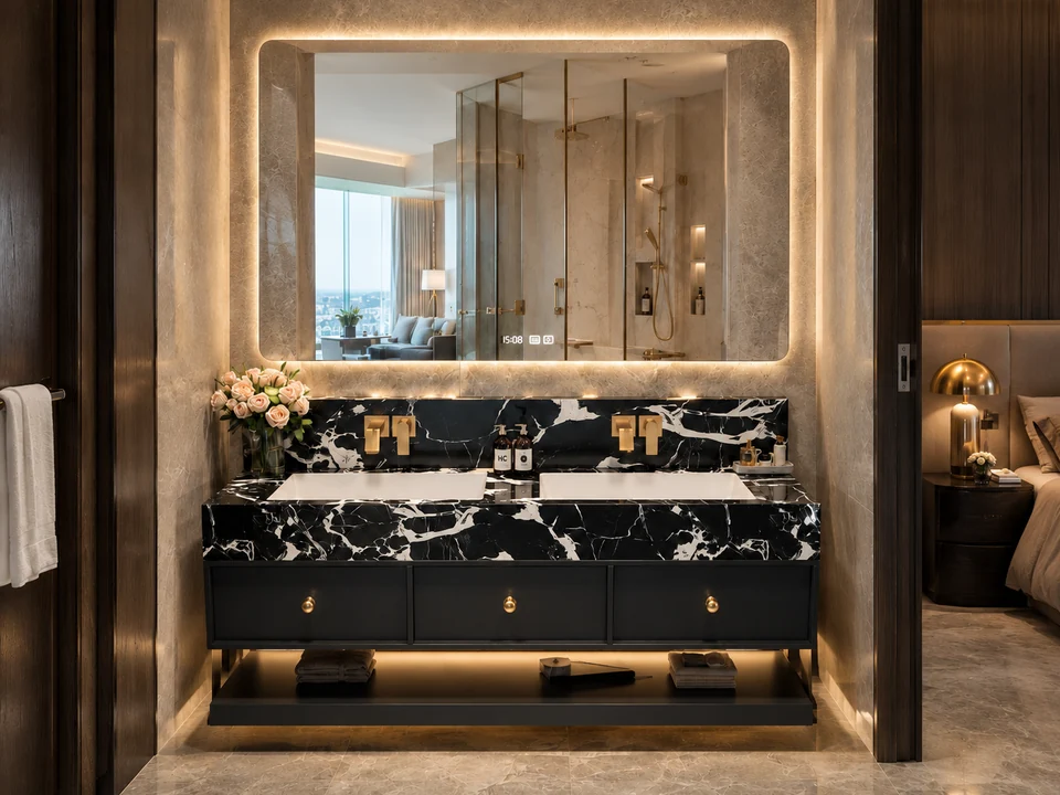 Double basin hotel bathroom vanity