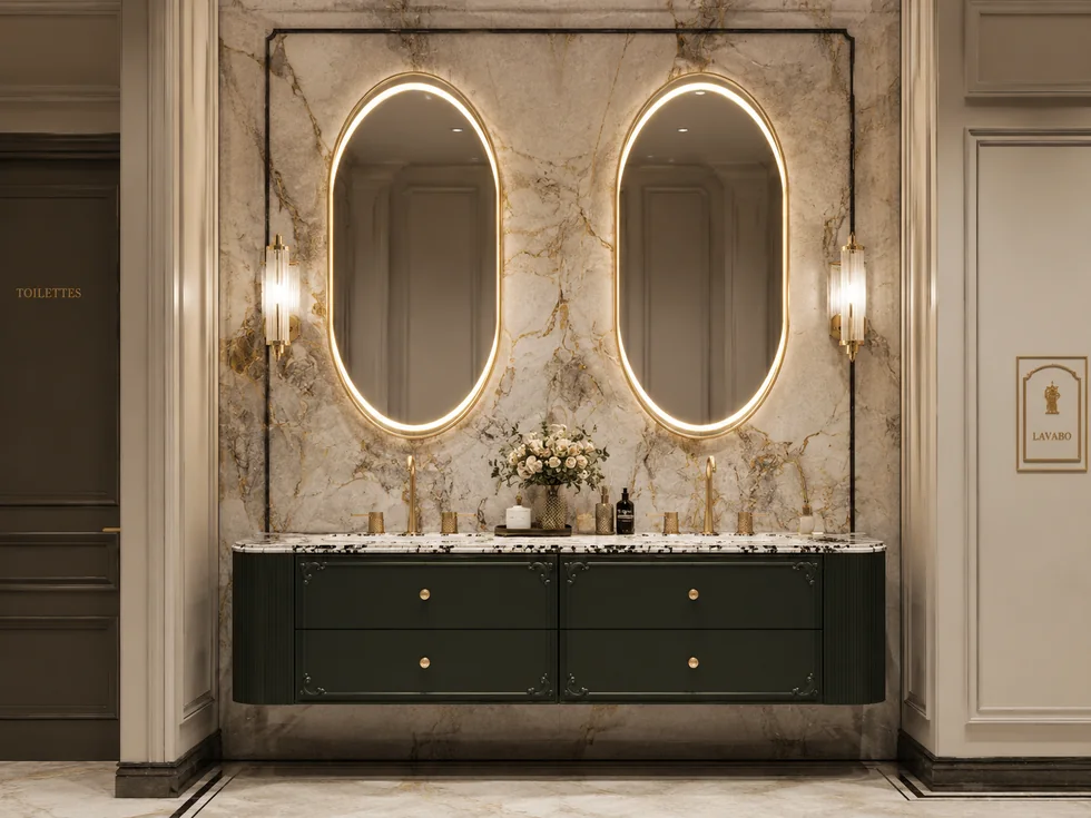 Double sink bathroom vanity with two mirrors