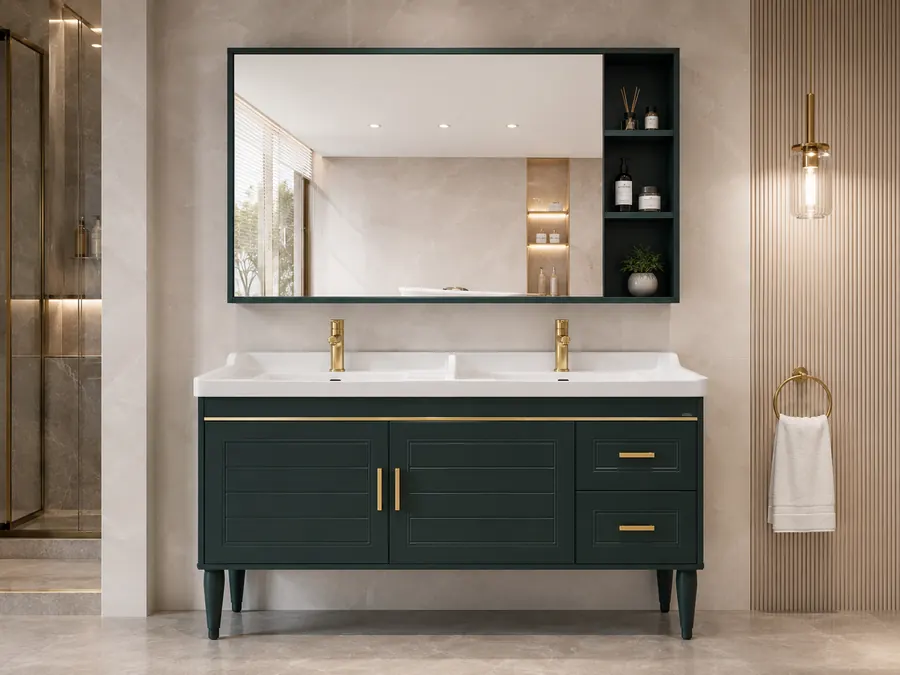 Double sink freestanding vanity cabinet
