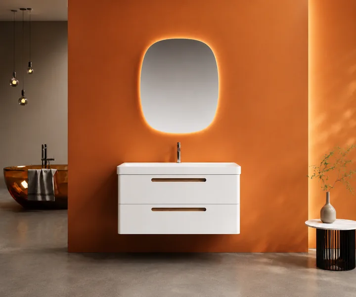 Floating bathroom vanity with LED mirror