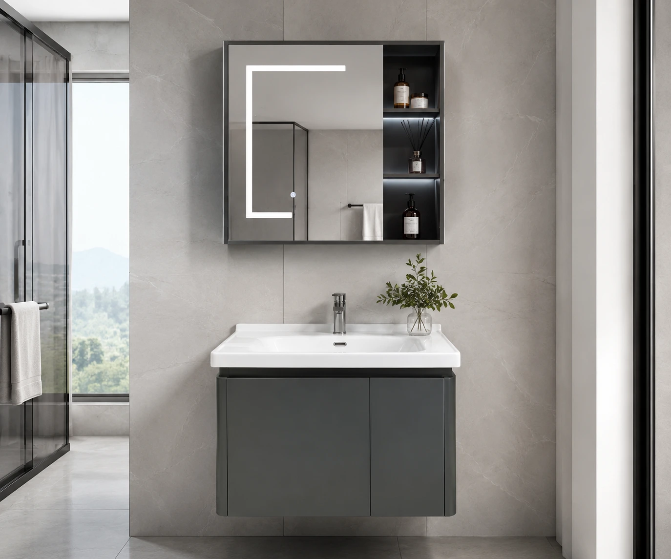 Floating single sink vanity with medicine cabinet