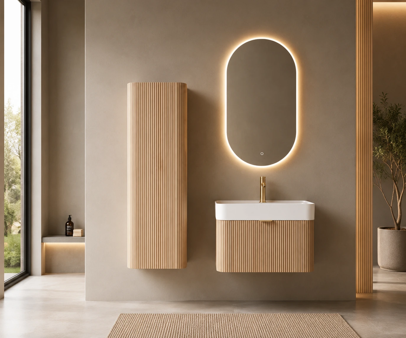 Fluted plywood vanity with side cabinet