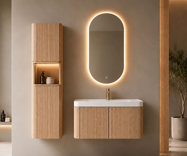 Fluted plywood vanity with side cabinet