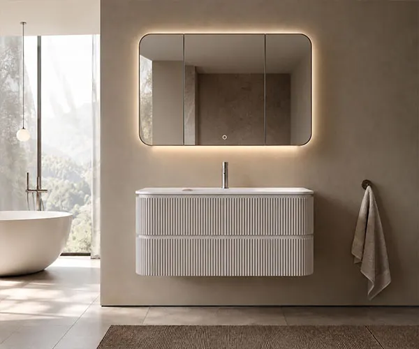Fluted white wall hung bathroom vanity
