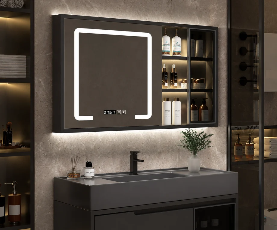 Framed medicine cabinet with LED mirror