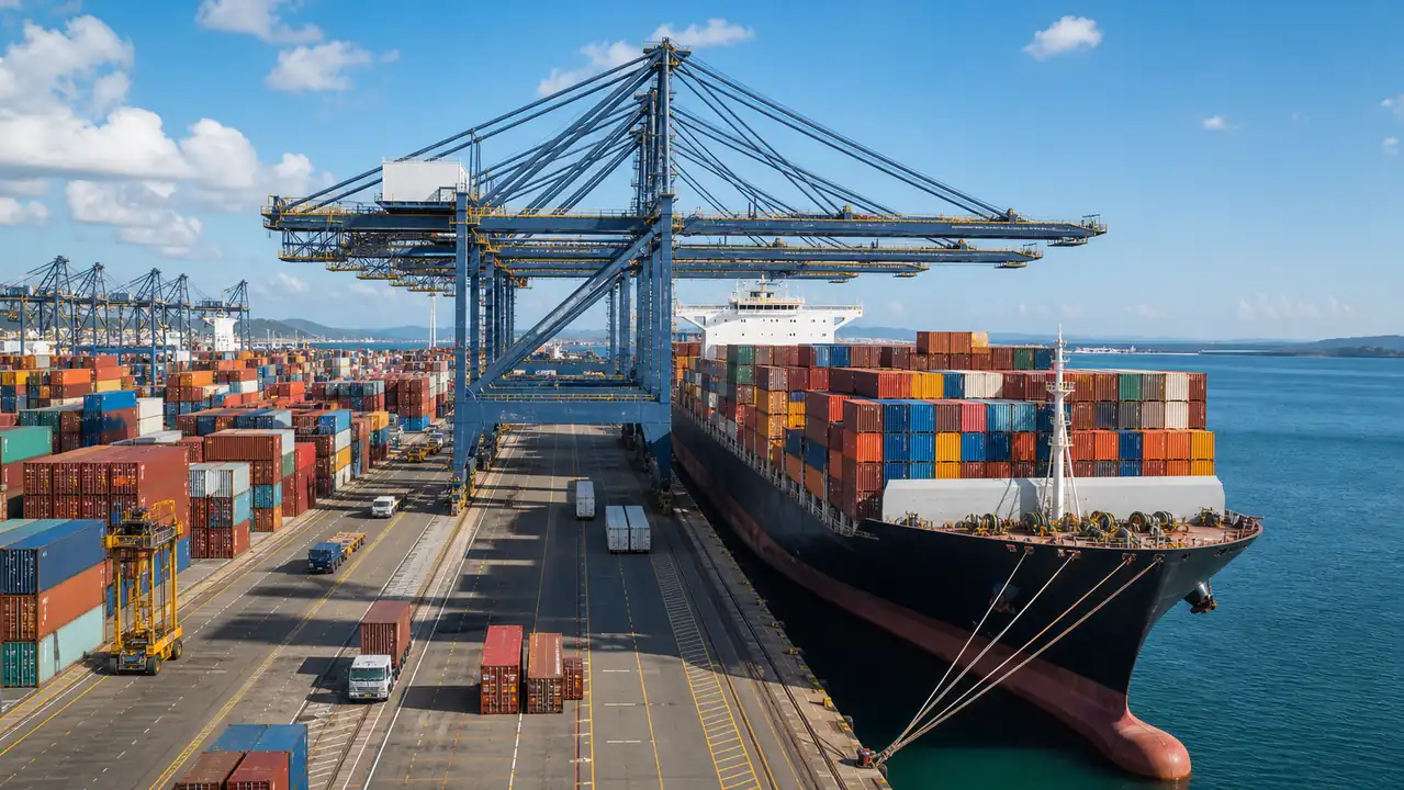 Container ship at an international freight port
