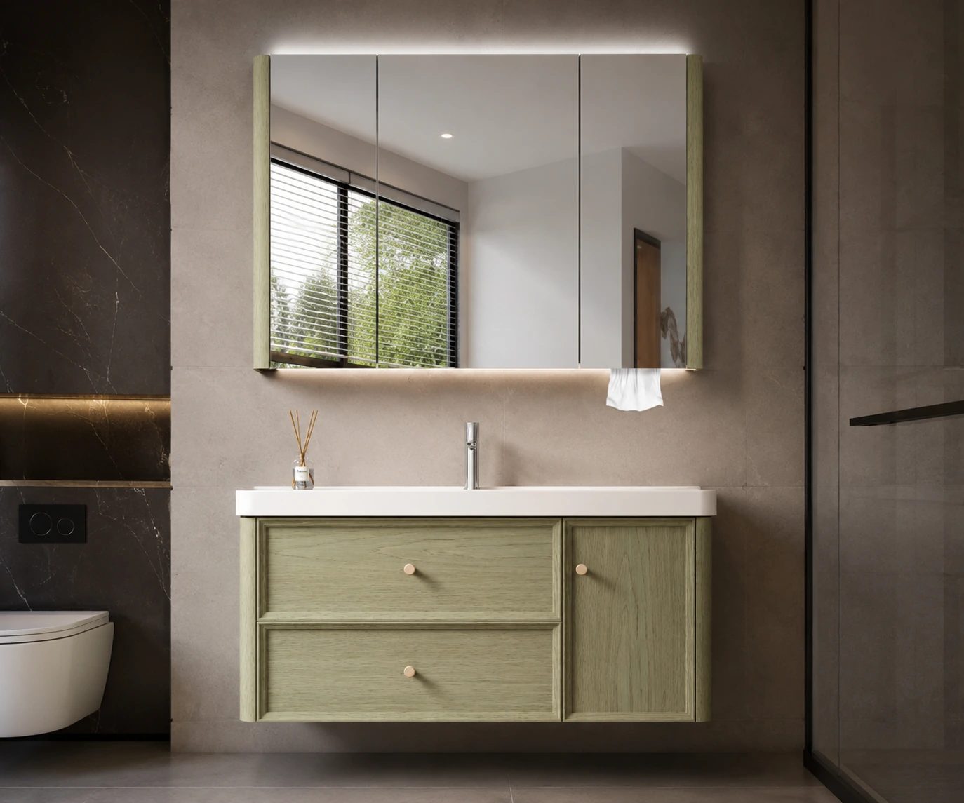 Green plywood vanity with mirror cabinet