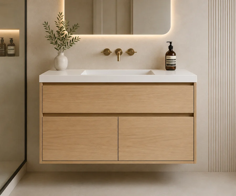 J-pull handleless bathroom vanity cabinet