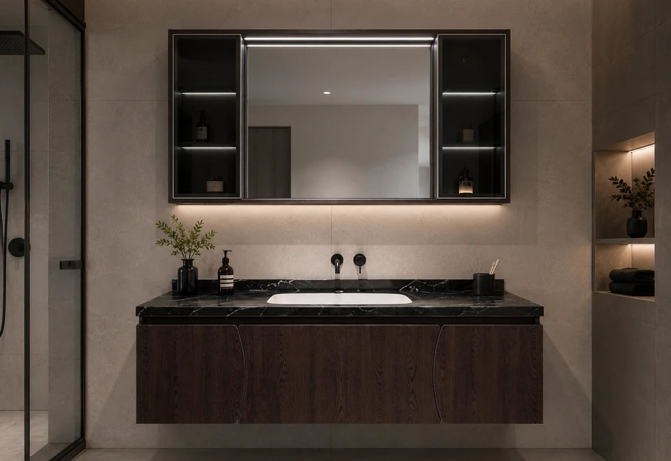 Mirror cabinet lighting and drawer planning
