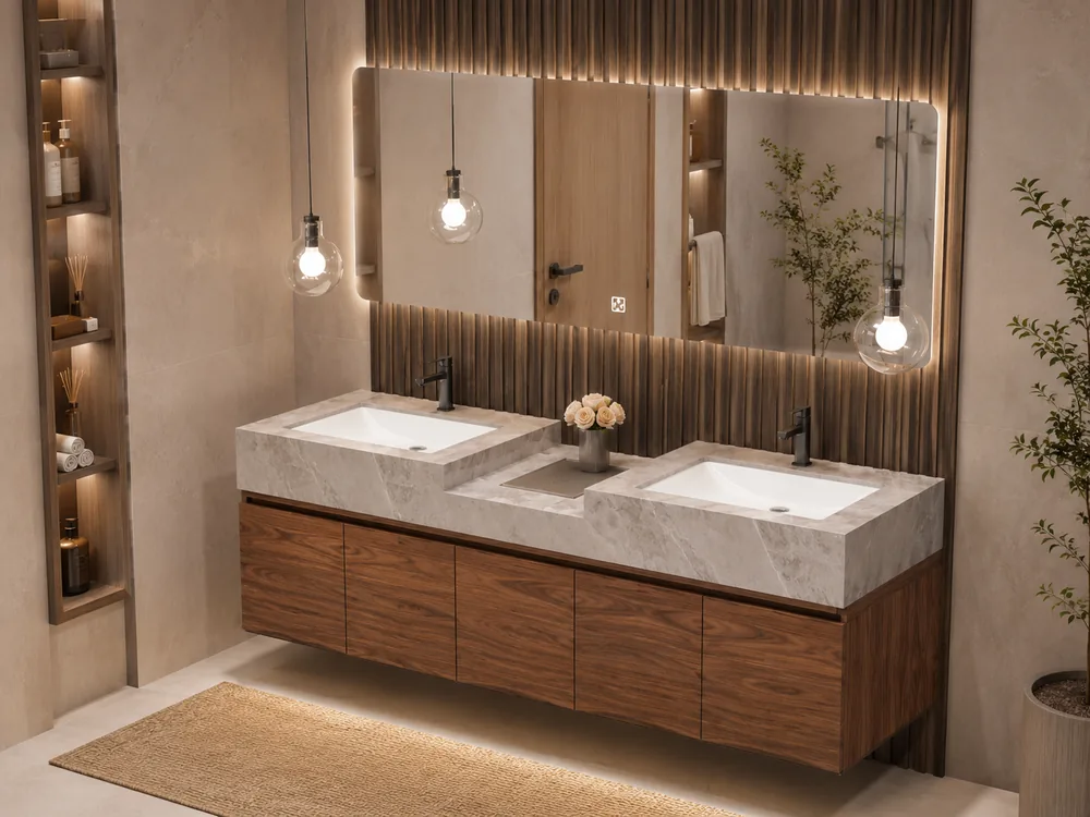 Mixed material bathroom vanity double sink