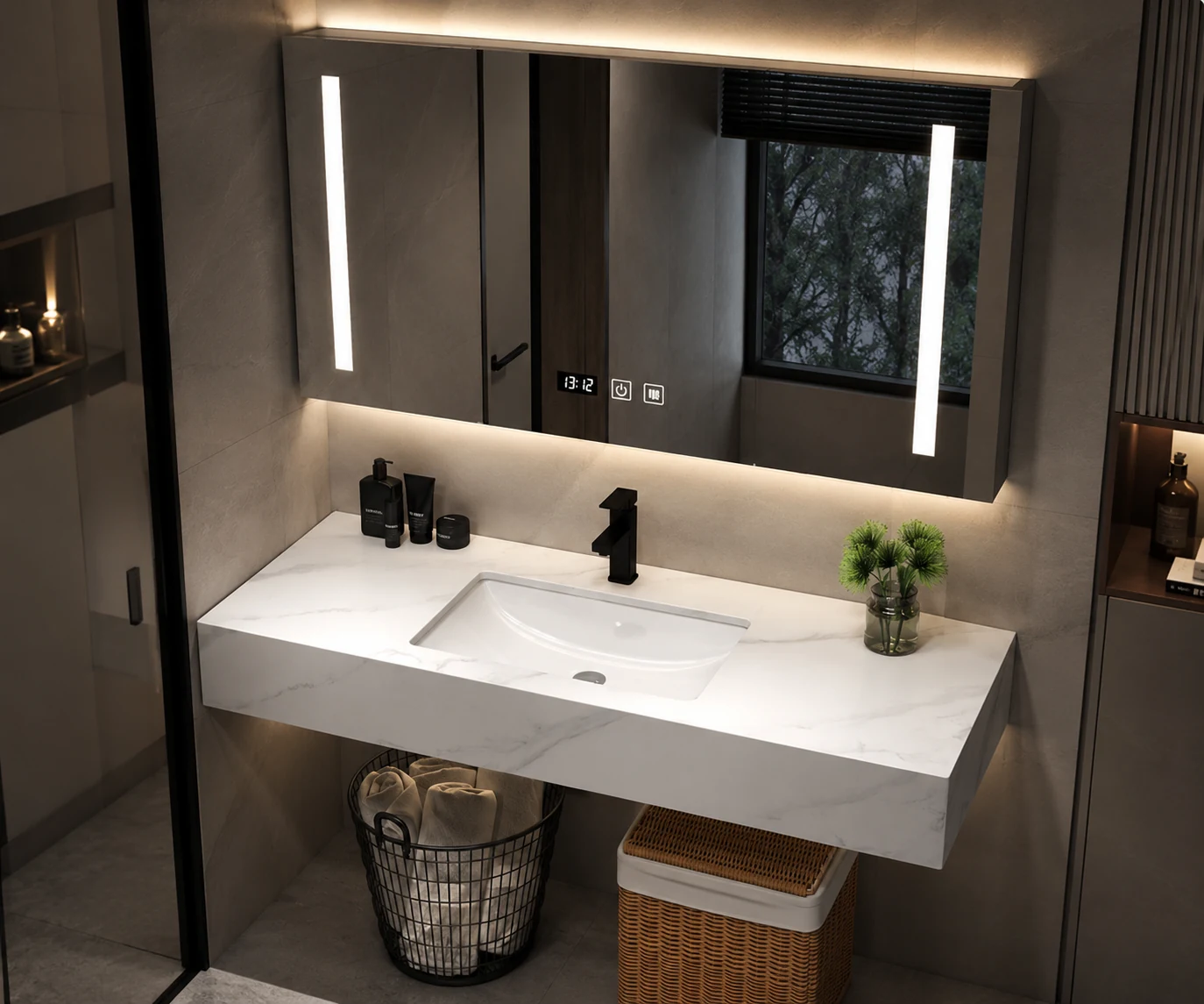 Modern floating sintered stone vanity with single tier stone top