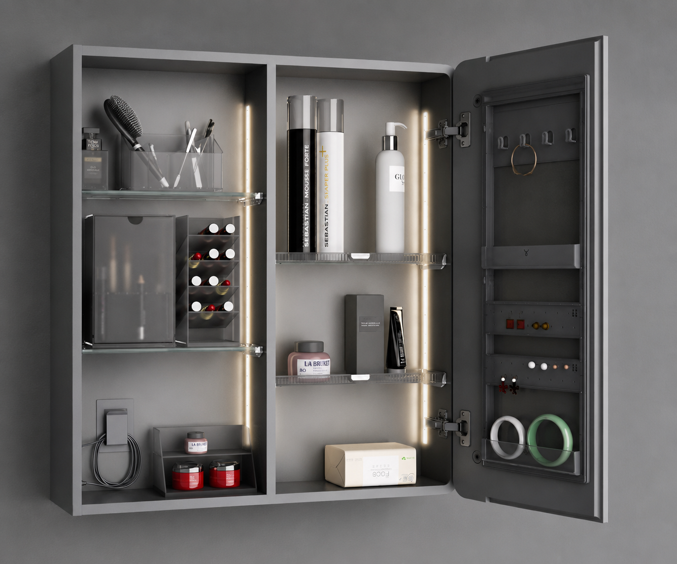 Open LED mirror cabinet storage system with organized bathroom accessories