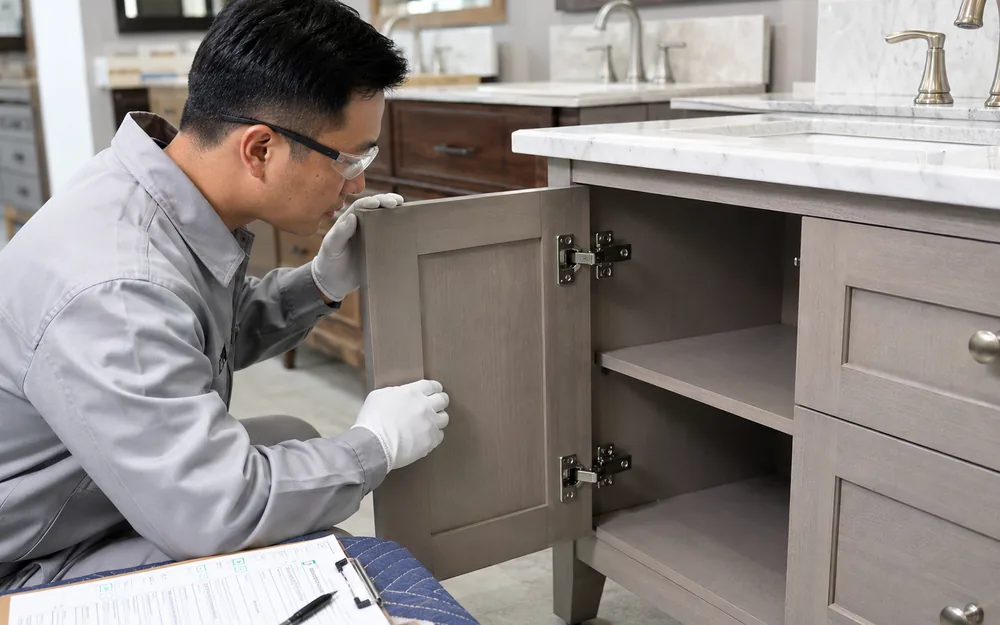 Bathroom vanity hinge hardware inspection
