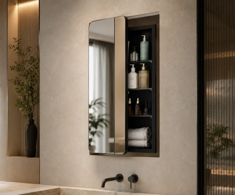 Recessed mirror cabinet with side storage