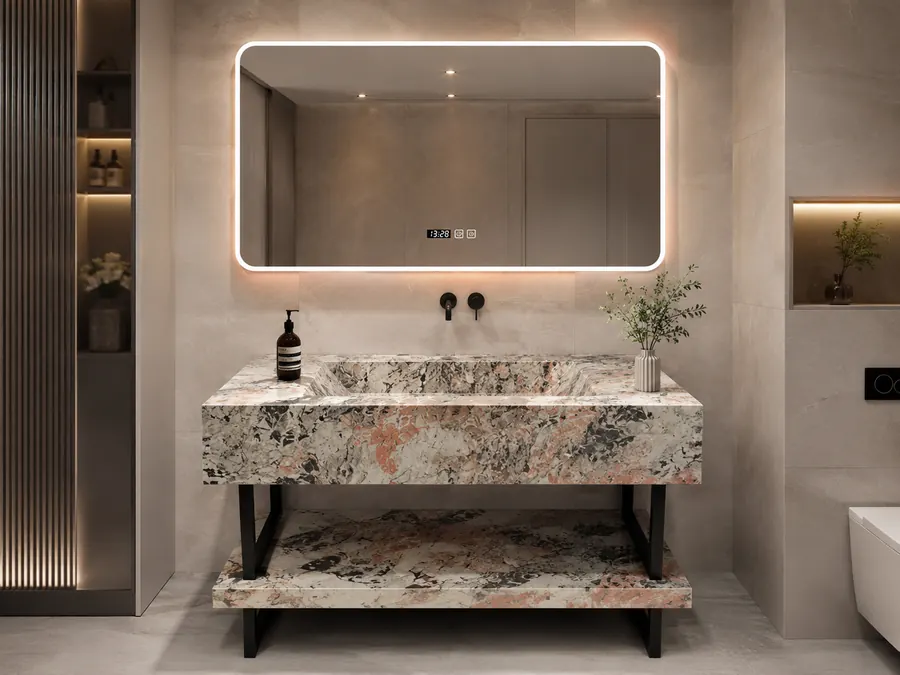 Sintered stone freestanding vanity for bath