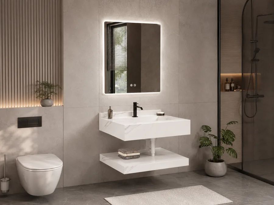 Sintered stone single sink bathroom vanity