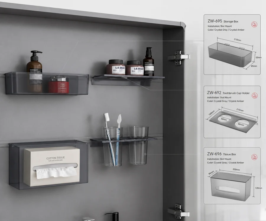 Snap on track mirror cabinet storage