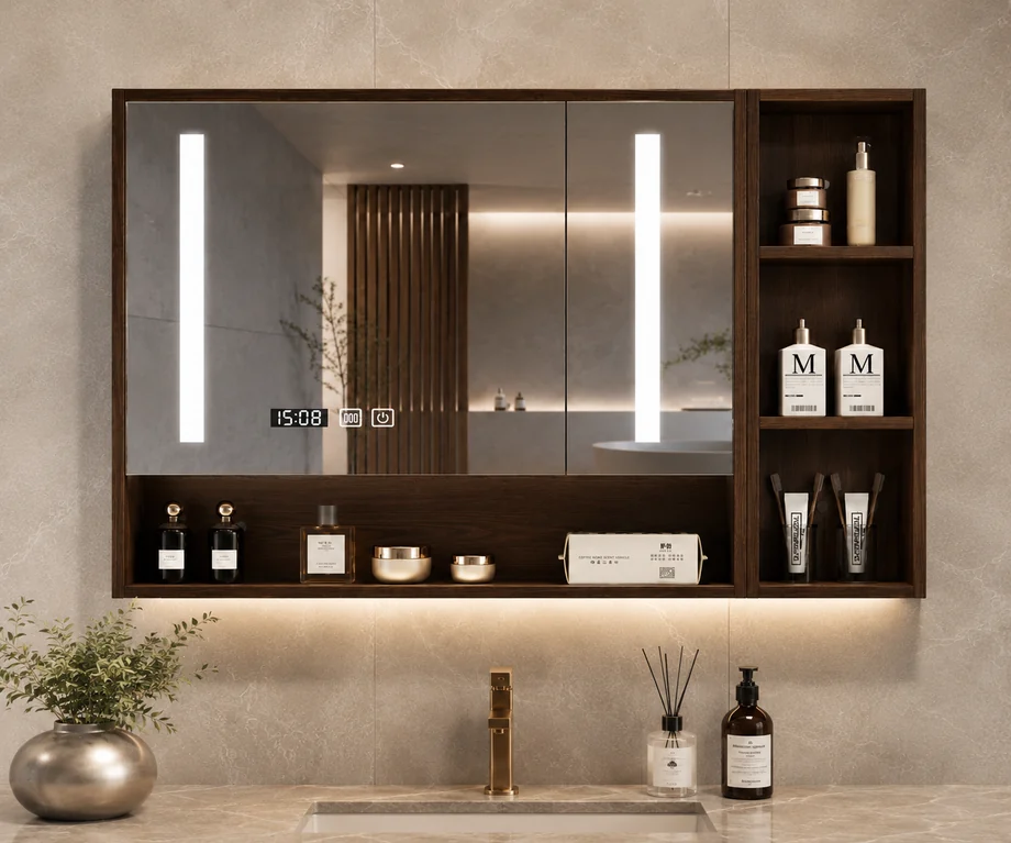 Surface mount mirror cabinet with shelves