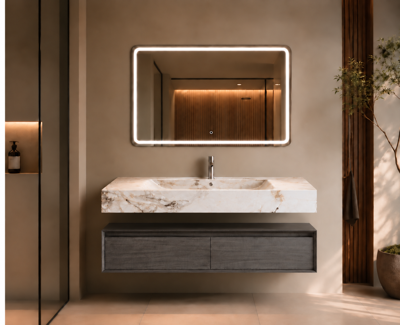 Thermoformed sintered stone floating vanity