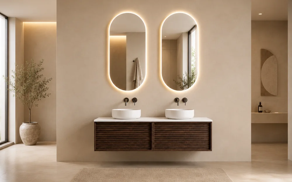 Two mirror double sink vanities in warm bathroom