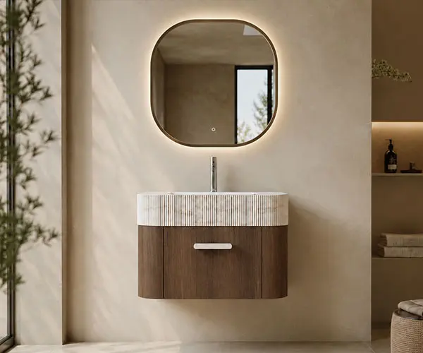 Wood grain single sink floating vanity set