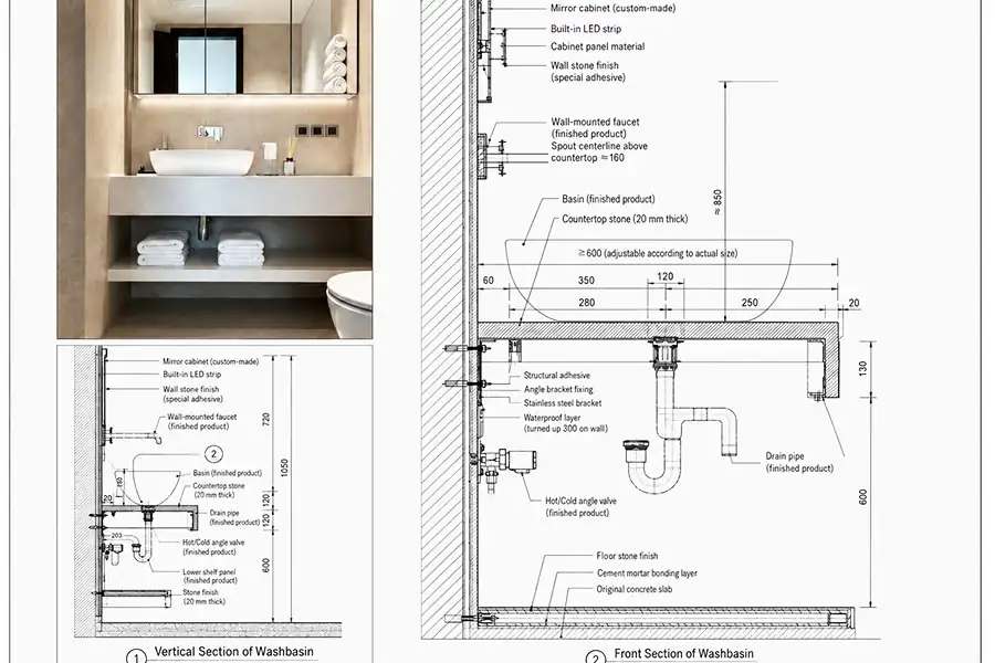 Drawings of bathroom vanity room space