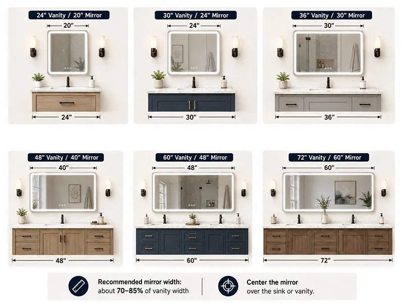 LED bathroom mirror size guide showing common vanity widths and matching mirror sizes=