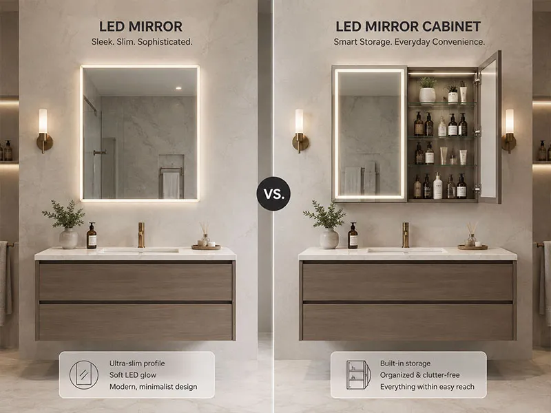 Comparison between an LED bathroom mirror and an LED mirror cabinet above a bathroom vanity