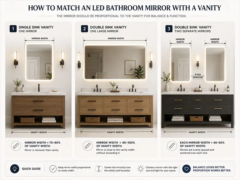 LED bathroom mirror with single and double sink