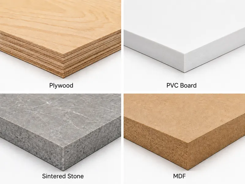 Plywood PVC sintered stone and MDF comparison