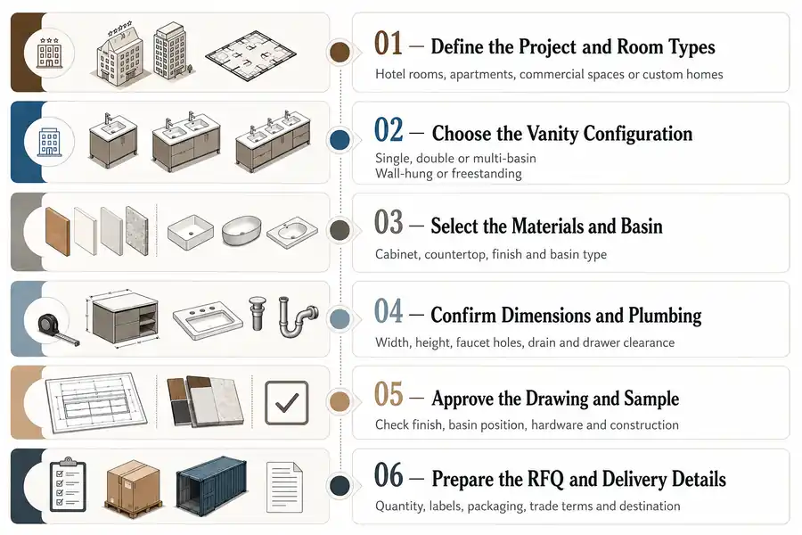 Six-step infographic for custom bathroom vanity with sink