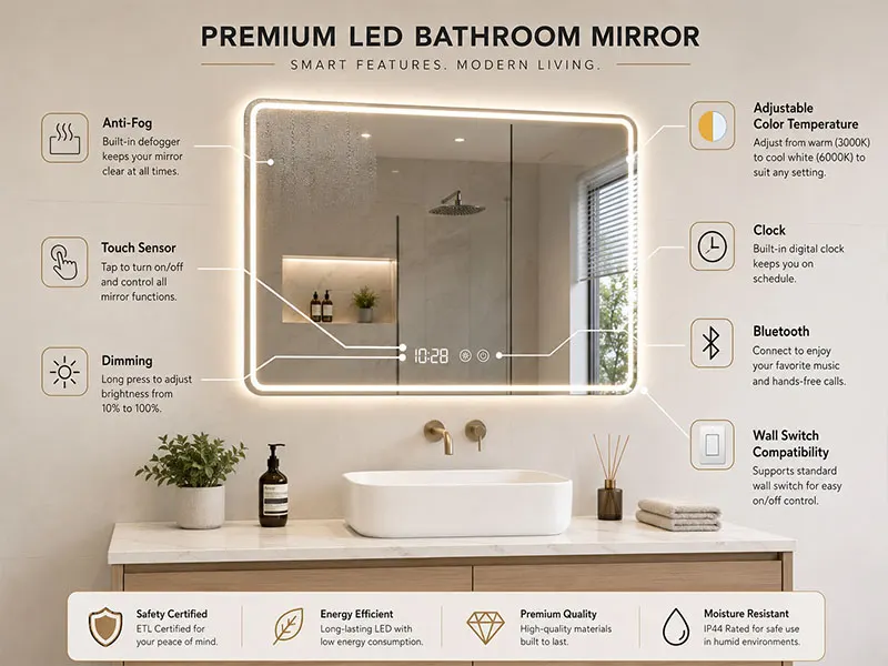 Feature overview of an LED bathroom mirror including anti-fog, touch sensor, dimming and adjustable color temperature