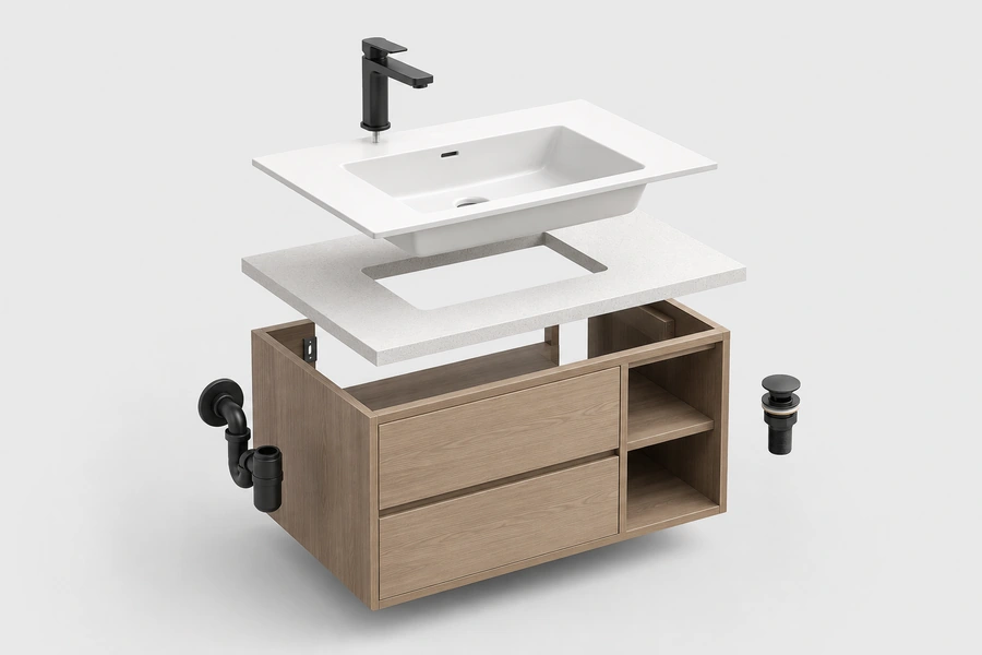 Exploded view of a vanity cabinet, countertop, basin, optional faucet and drain location