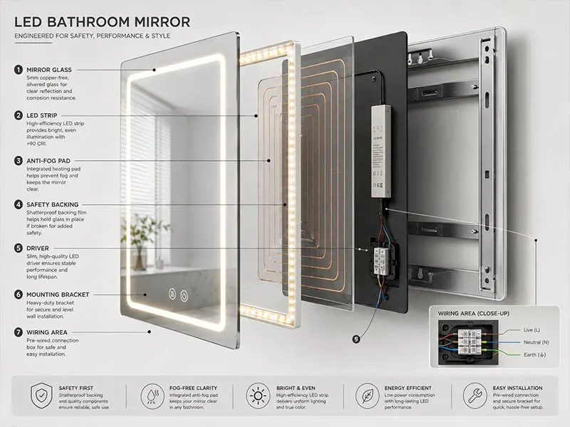 Technical structure of an LED bathroom mirror showing mirror glass, LED strip, driver and anti-fog components
