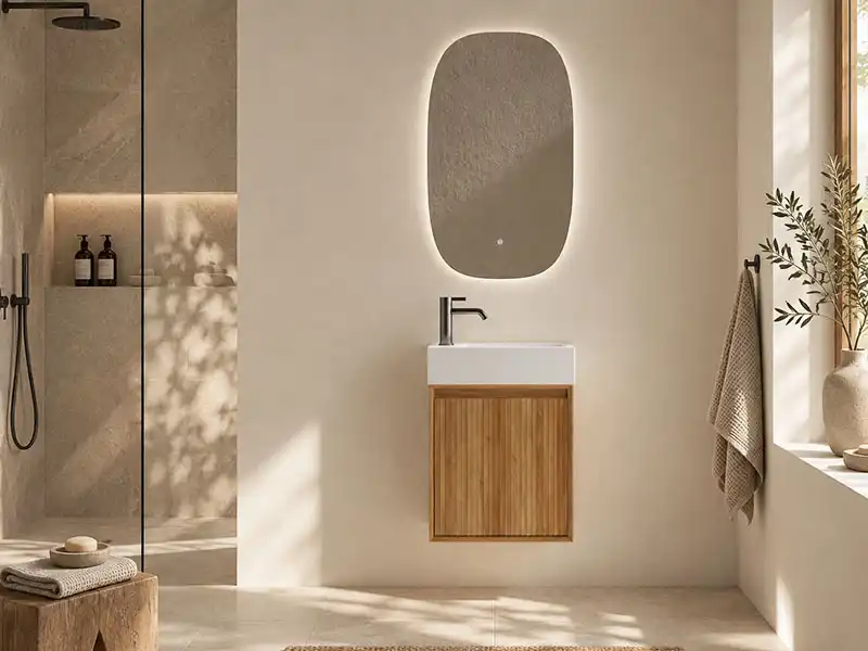 Compact hotel bathroom layout with a 600mm wall-hung vanity beside a glass shower