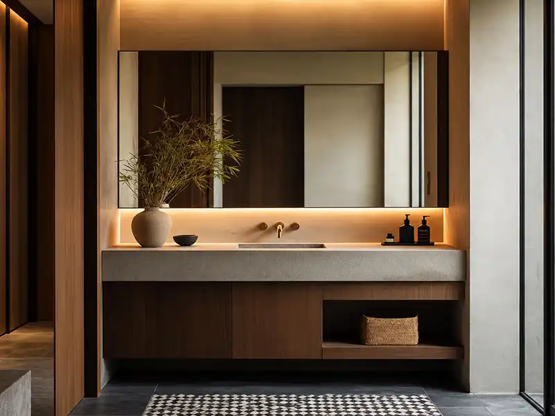 Coordinated hotel bathroom vanity set with cabinet, countertop, basin and LED mirror