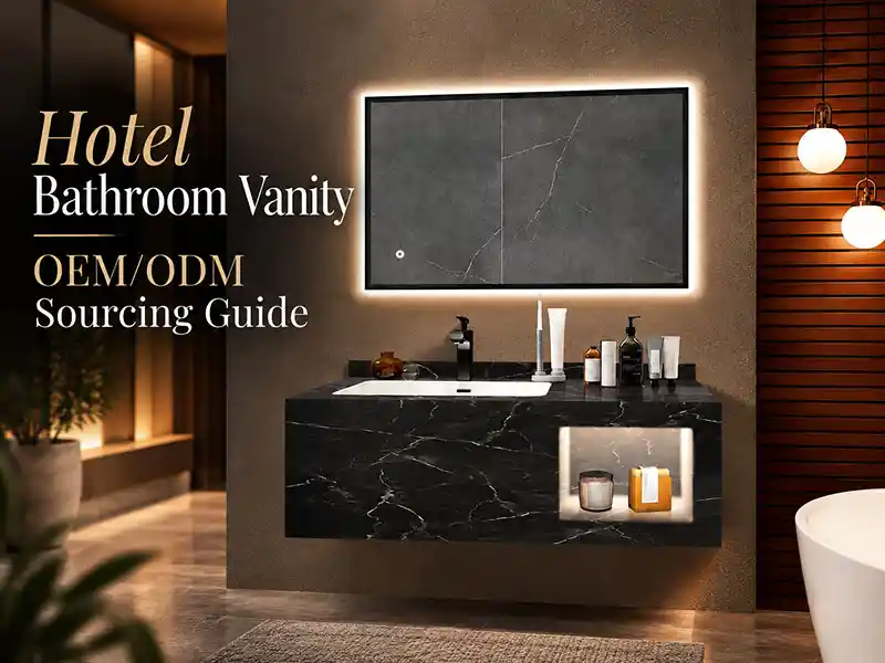 Custom hotel bathroom vanity with coordinated basin and mirror in a modern guest bathroom