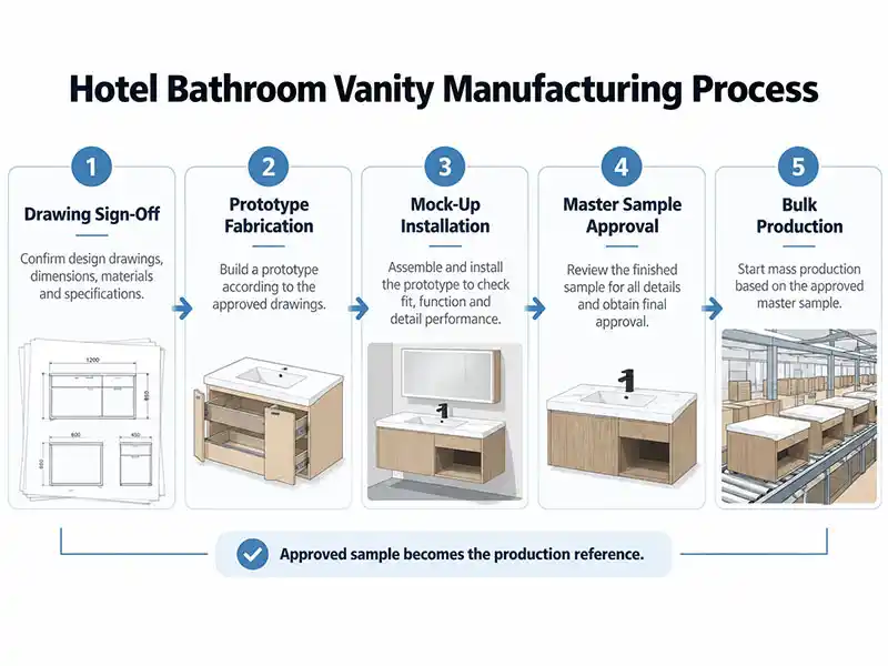 Five-step hotel bathroom vanity sample approval workflow from drawings to bulk production