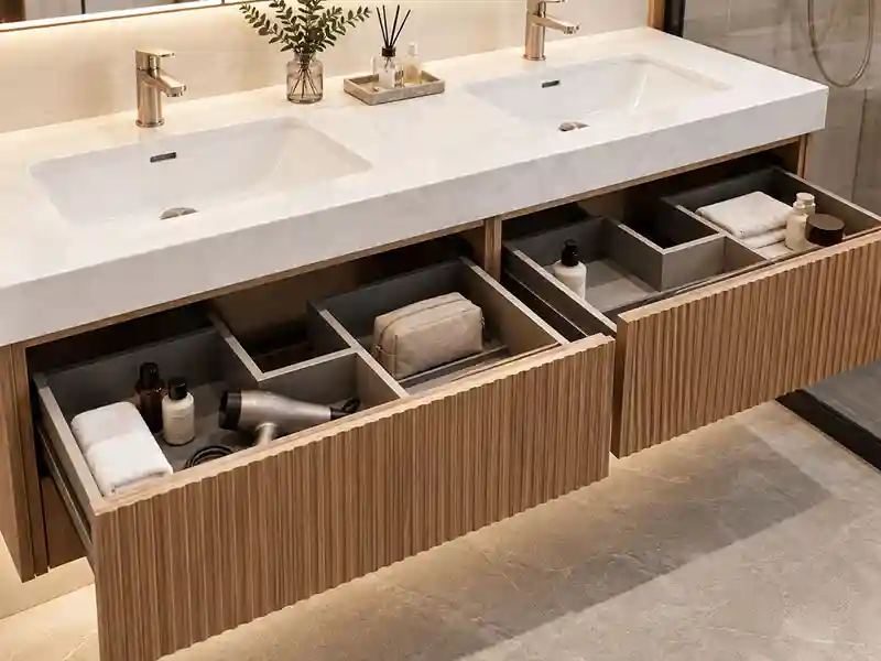 Open vanity drawers holding a hand towel, hair dryer, and toiletry pouch