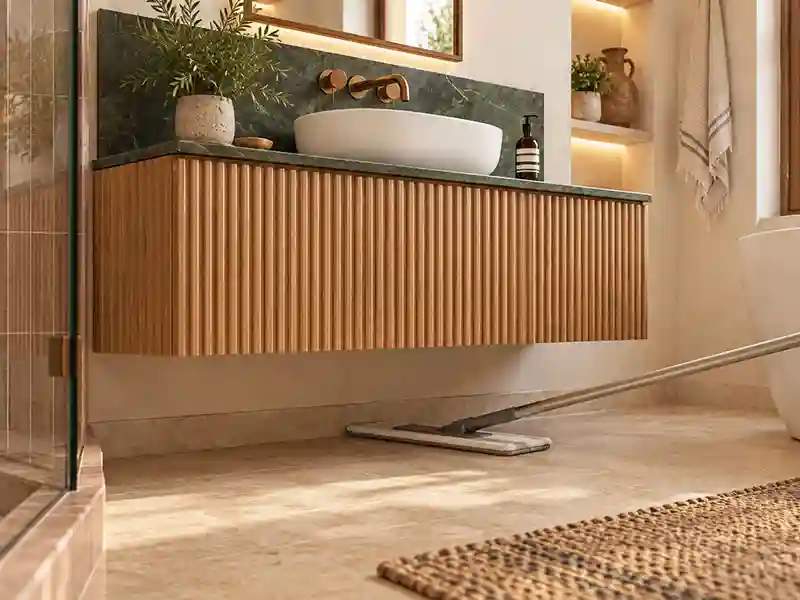 Flat mop reaching beneath a wall-hung bathroom vanity