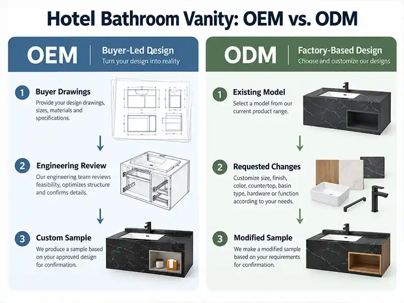 OEM and ODM hotel bathroom vanity sourcing processes compared from design to sample approval