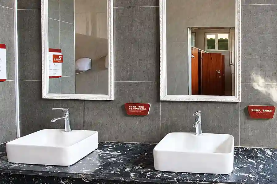 public restroom vessel sink sintered stone vanity
