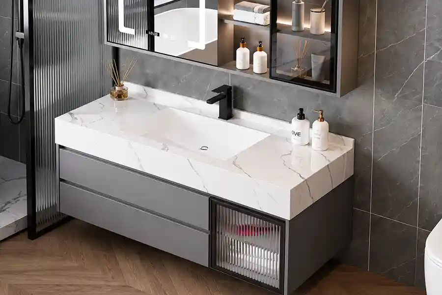 sintered stone top with plywood cabinet